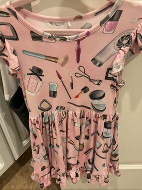 Posh Peanut Girls' Pink Makeup Print Beauty Salon Ruffle Twirl  Dress